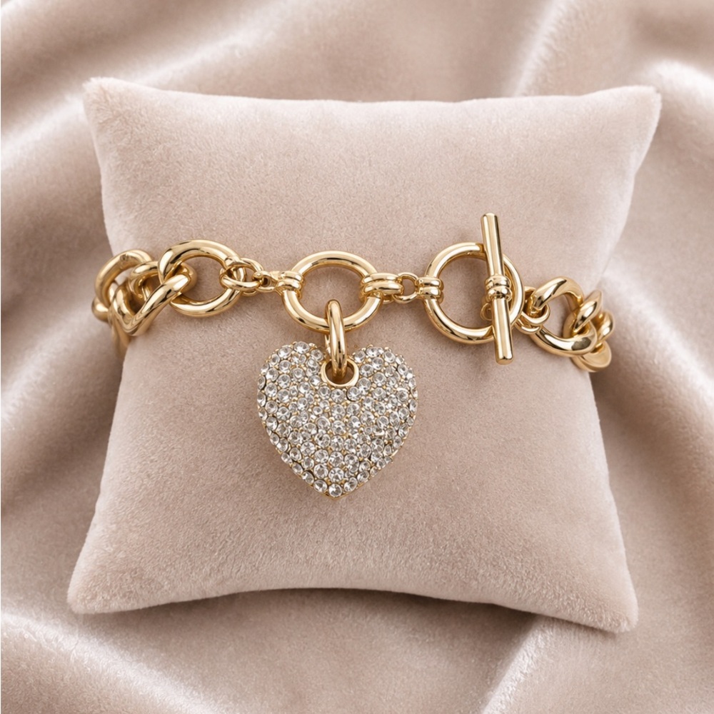 Gold Heart Charm Chain Bracelet with Crystal Pavé Toggle Closure